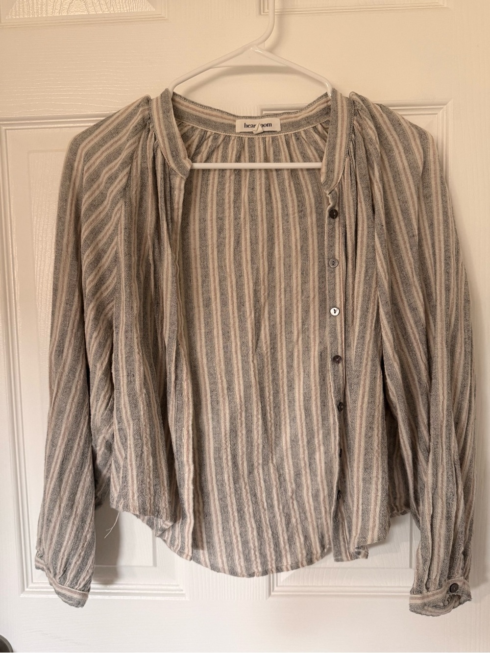 Heartloom Striped Button-Down Top in Beige and Gray